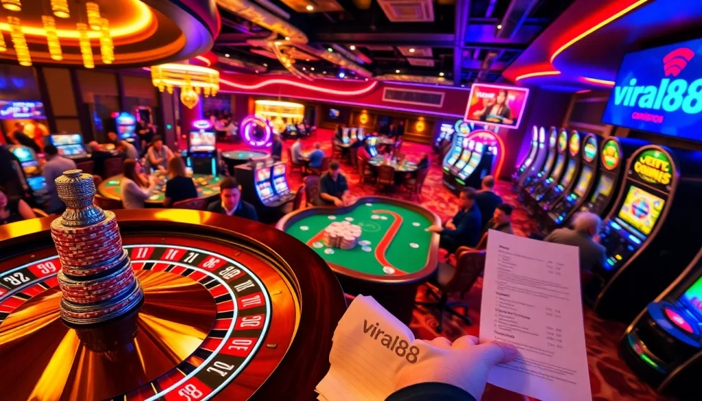Exciting casino scene featuring players at a poker table with viral88 promoting thrilling gaming experiences.