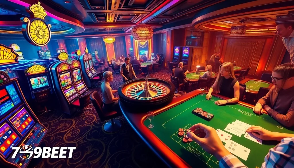 A thrilling moment at 789BET casino showcasing players at roulette and poker tables.