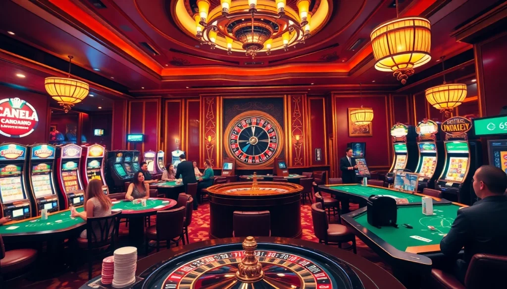 Experience the luxury of gambling in a casino, featuring 66B signage amidst lively poker and slot machines.
