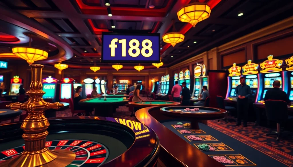 f168 showcases a lively casino gaming floor with players at roulette and poker tables amidst vibrant slot machines.
