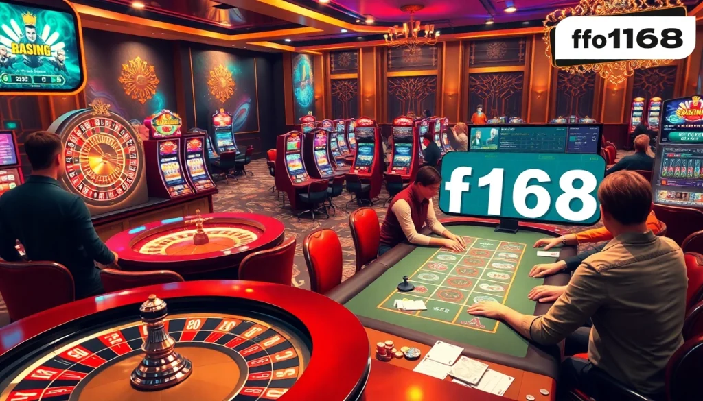 Explore f168 online gaming with vibrant slot machines and a bustling virtual casino atmosphere.