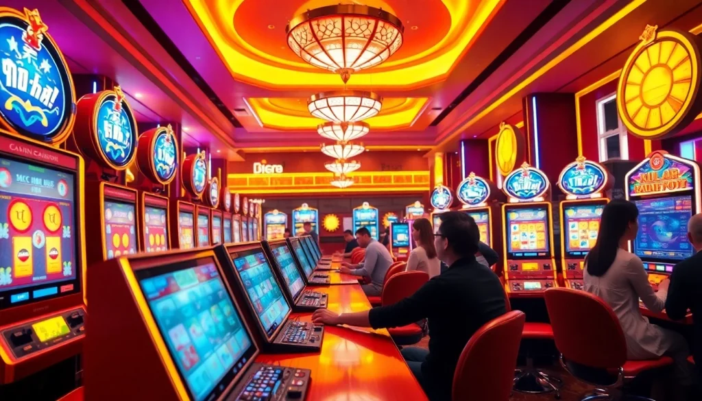 Players excitedly spinning slots featuring "nổ hũ" jackpots in vibrant online casino ambiance.