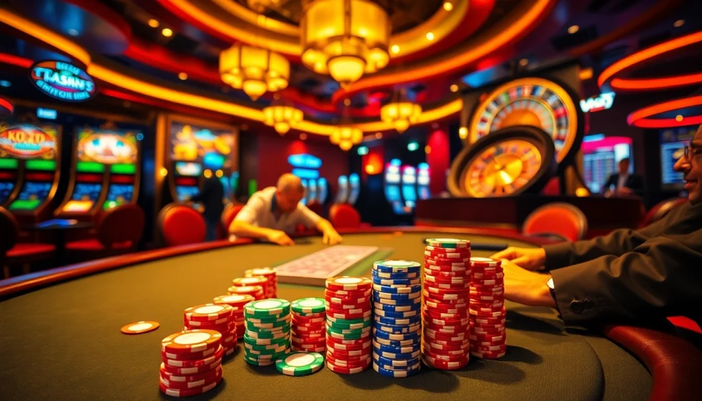 KJC poker table scene with vibrant chips, gamblers focused on high stakes.