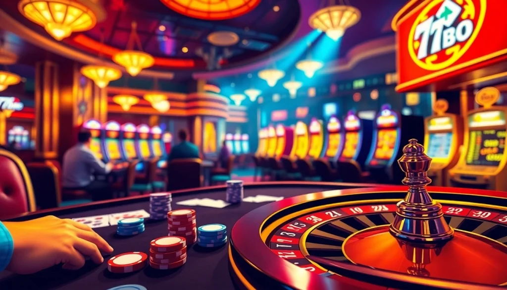 Experience the excitement of 789BET with this engaging casino scene featuring intense poker action, vibrant slot machines, and a roulette wheel.