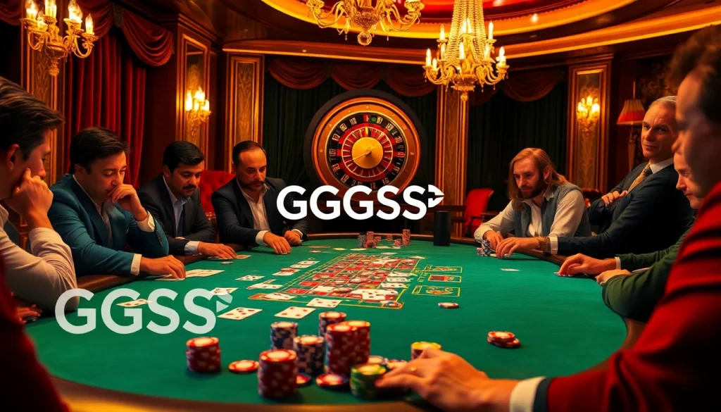 Experience thrilling gameplay with the GGSS App at our vibrant casino poker table, featuring colorful chips and intense players.